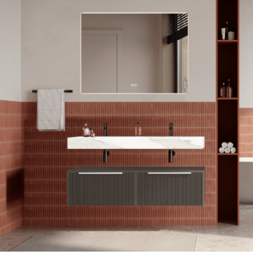 Set mobilier baie suspendat gri cenusiu, riflaje Plissetatto, lavoar alb si oglinda, manere albe, 120 cm, SaviniDue Iconica