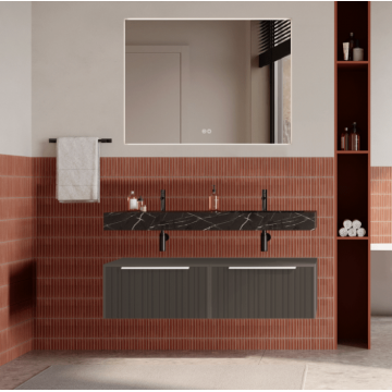Set mobilier baie suspendat gri cenusiu, riflaje Plissetatto, lavoar negru si oglinda, manere albe, 120 cm, SaviniDue Iconica