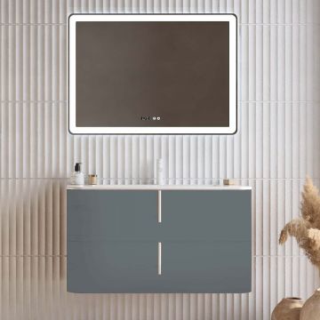 Set mobilier baie suspendat gri, lavoar alb mat, oglinda, 100 cm, SaviniDue Lyra