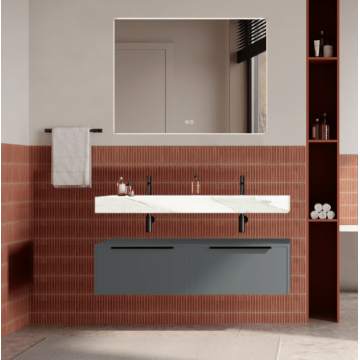 Set mobilier baie suspendat gri, lavoar alb si oglinda, manere negre, 120 cm, SaviniDue Iconica