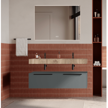 Set mobilier baie suspendat gri, lavoar imitatie lemn si oglinda, manere negre, 120 cm, SaviniDue Iconica