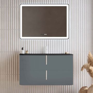Set mobilier baie suspendat gri, lavoar negru mat, oglinda, 100 cm, SaviniDue Lyra