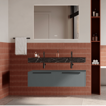 Set mobilier baie suspendat gri, lavoar negru si oglinda, manere negre, 120 cm, SaviniDue Iconica