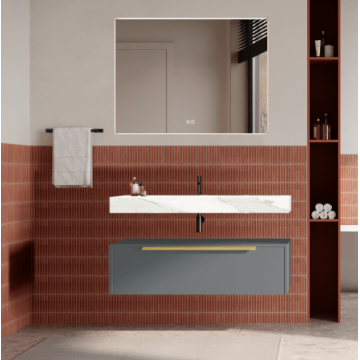 Set mobilier baie suspendat gri mat, lavoar alb și oglinda, manere aurii, 100 cm, SaviniDue Iconica