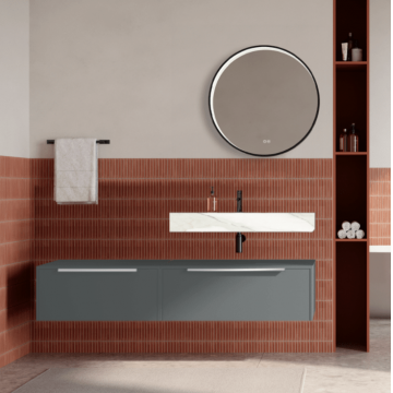 Set mobilier baie suspendat gri mat, lavoar alb si oglinda rotunda, manere crom, 140 cm, SaviniDue Iconica