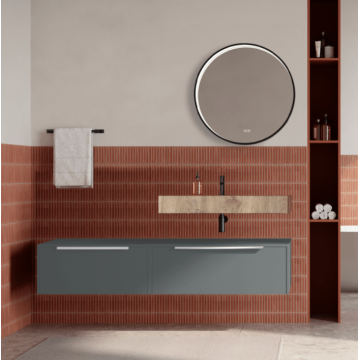 Set mobilier baie suspendat gri mat, lavoar imitatie lemn si oglinda rotunda, manere crom, 140 cm, SaviniDue Iconica