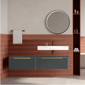 Set mobilier baie suspendat gri mat, riflaje Plissetatto, lavoar alb si oglinda rotunda, manere aurii, 140 cm, SaviniDue Iconica