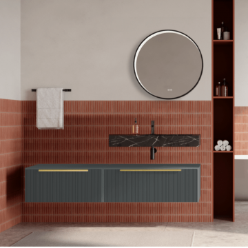 Set mobilier baie suspendat gri mat, riflaje Plissetatto, lavoar negru si oglinda rotunda, manere aurii, 140 cm, SaviniDue Iconica