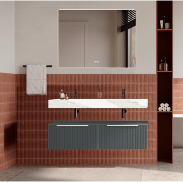 Set mobilier baie suspendat gri, riflaje Cannetatto, lavoar alb si oglinda, manere albe, 120 cm, SaviniDue Iconica
