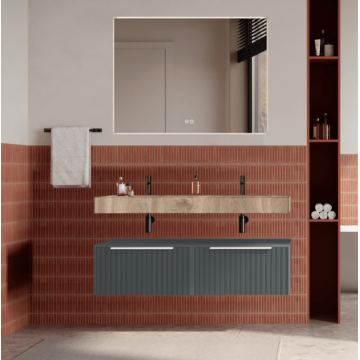 Set mobilier baie suspendat gri, riflaje Cannetatto, lavoar imitatie lemn si oglinda, manere albe, 120 cm, SaviniDue Iconica
