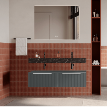 Set mobilier baie suspendat gri, riflaje Cannetatto, lavoar negru si oglinda, manere albe, 120 cm, SaviniDue Iconica