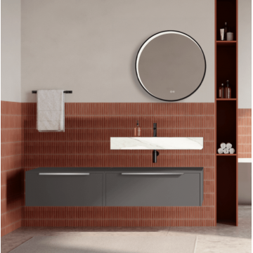 Set mobilier baie suspendat gri urban, lavoar alb si oglinda rotunda, manere otel inoxidabil, 140 cm, SaviniDue Iconica