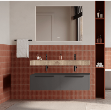 Set mobilier baie suspendat gri urban, lavoar imitatie lemn si oglinda, manere negre, 120 cm, SaviniDue Iconica
