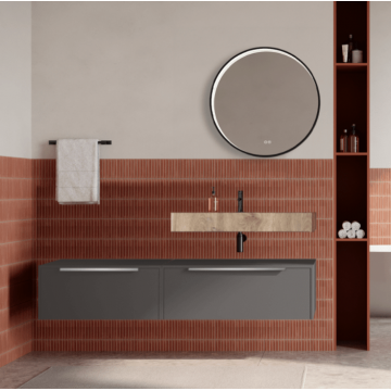 Set mobilier baie suspendat gri urban, lavoar imitatie lemn si oglinda rotunda, manere otel inoxidabil, 140 cm, SaviniDue Iconica