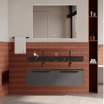 Set mobilier baie suspendat gri urban, lavoar negru si oglinda, manere negre, 120 cm, SaviniDue Iconica