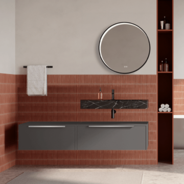 Set mobilier baie suspendat gri urban, lavoar negru si oglinda rotunda, manere otel inoxidabil, 140 cm, SaviniDue Iconica