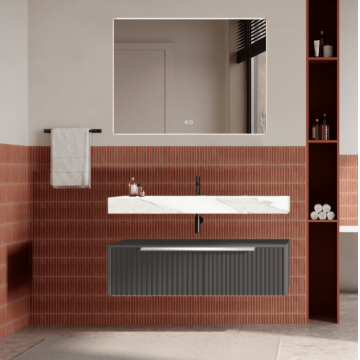 Set mobilier baie suspendat gri urban, riflaje Cannetatto, lavoar alb și oglinda, manere crom, 100 cm, SaviniDue Iconica