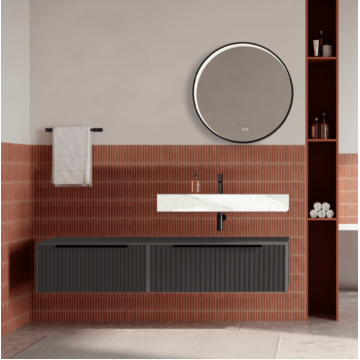 Set mobilier baie suspendat gri urban, riflaje Cannetatto, lavoar alb si oglinda rotunda, manere negre, 140 cm, SaviniDue Iconica