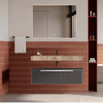 Set mobilier baie suspendat gri urban, riflaje Cannetatto, lavoar imitatie lemn si oglinda, manere crom, 100 cm, SaviniDue Iconica