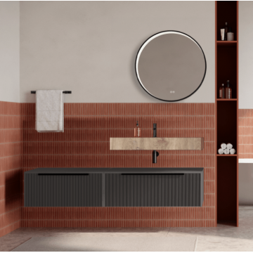 Set mobilier baie suspendat gri urban, riflaje Cannetatto, lavoar imitatie lemn si oglinda rotunda, manere negre, 140 cm, SaviniDue Iconica