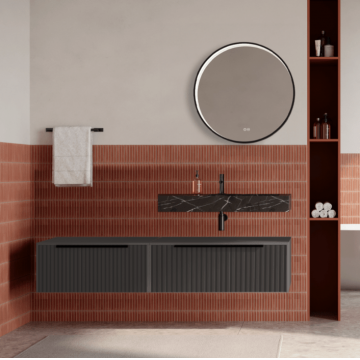 Set mobilier baie suspendat gri urban, riflaje Cannetatto, lavoar negru si oglinda rotunda, manere negre, 140 cm, SaviniDue Iconica