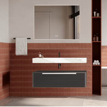 Set mobilier baie suspendat gri urban, riflaje Dogato, lavoar alb și oglinda, manere albe, 100 cm, SaviniDue Iconica