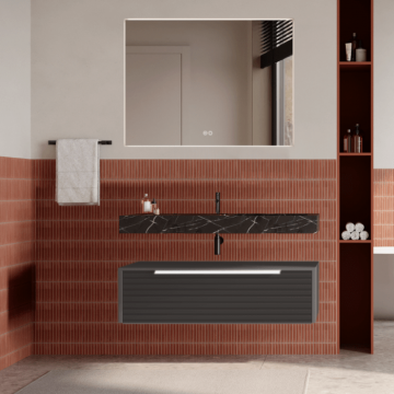 Set mobilier baie suspendat gri urban, riflaje Dogato, lavoar negru și oglinda, manere albe, 100 cm, SaviniDue Iconica