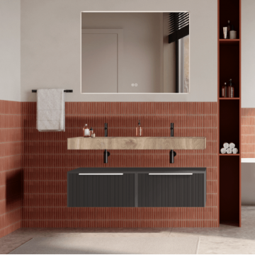 Set mobilier baie suspendat gri urban, riflaje Plissetatto, lavoar imitatie lemn si oglinda, manere albe, 120 cm, SaviniDue Iconica