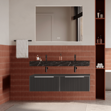 Set mobilier baie suspendat gri urban, riflaje Plissetatto, lavoar negru si oglinda, manere albe, 120 cm, SaviniDue Iconica