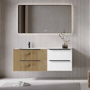 Set mobilier baie suspendat imitatie lemn cu alb mat , lavoar imitație marmura alba și oglindă, cu riflaje Plissetatto, 140 cm, SaviniDue Iconica