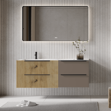 Set mobilier baie suspendat imitatie lemn cu gri cenusiu , lavoar imitație marmura alba și oglindă, cu riflaje Plissetatto, 140 cm, SaviniDue Iconica