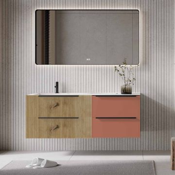 Set mobilier baie suspendat imitatie lemn deschis cu caramiziu, lavoar imitație marmura alba și oglindă, cu riflaje Plissetatto, 140 cm, SaviniDue Iconica