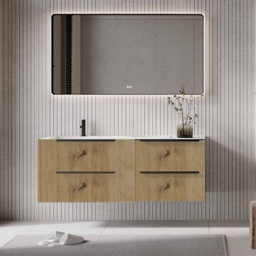 Set mobilier baie suspendat imitatie lemn deschis, lavoar imitație marmura alba și oglindă, cu riflaje Plissetatto, 140 cm, SaviniDue Iconica