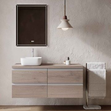 Set mobilier baie suspendat imitatie lemn gri, lavoar alb pe blat și oglindă, 120 cm, SaviniDue Jupiter