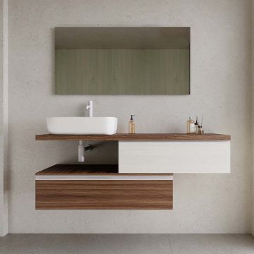 Set mobilier baie suspendat imitatie lemn inchis/alb, lavoar alb pe blat și oglindă, 140 cm, SaviniDue Jupiter