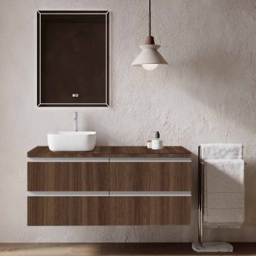 Set mobilier baie suspendat imitatie lemn inchis, lavoar alb pe blat și oglindă, 120 cm, SaviniDue Jupiter