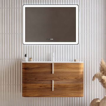 Set mobilier baie suspendat imitatie lemn, lavoar alb mat, oglinda, 100 cm, SaviniDue Lyra