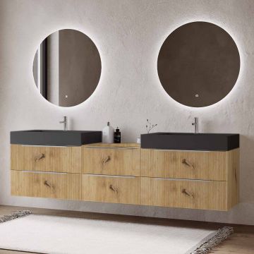 Set mobilier baie suspendat imitatie lemn, lavoar dublu negru mat pe blat și 2 oglinzi, cu riflaje Cannetatto, 220 cm, SaviniDue Iconica