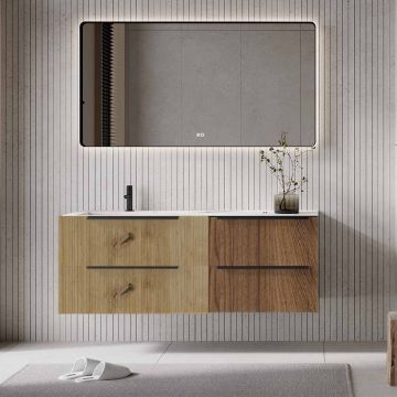 Set mobilier baie suspendat imitatie lemn , lavoar imitație marmura alba și oglindă, cu riflaje Plissetatto, 140 cm, SaviniDue Iconica