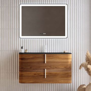 Set mobilier baie suspendat imitatie lemn, lavoar negru mat, oglinda, 100 cm, SaviniDue Lyra