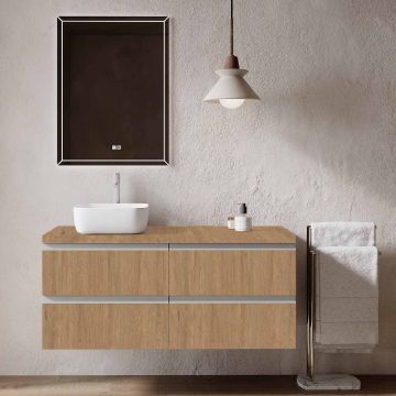 Set mobilier baie suspendat imitatie lemn natur, lavoar alb pe blat și oglindă, 120 cm, SaviniDue Jupiter