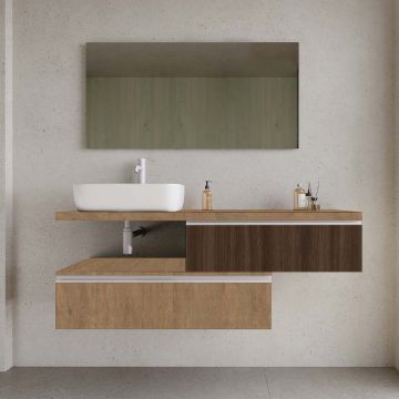 Set mobilier baie suspendat imitatie lemn natur/lemn inchis lavoar alb pe blat și oglindă, 140 cm, SaviniDue Jupiter