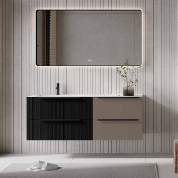Set mobilier baie suspendat negru mat cu gri cenusiu mat, lavoar imitație marmura alba și oglindă, cu riflaje Plissetatto, 140 cm, SaviniDue Iconica