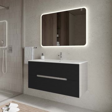Set mobilier baie suspendat negru mat cu imitatie lemn, lavoar alb și oglindă, 100 cm, cu riflaj Dogato SaviniDue Iris