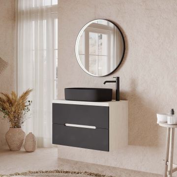 Set mobilier baie suspendat negru mat cu imitatie lemn, lavoar negru pe blat și oglindă, 80 cm, SaviniDue Iris