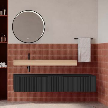 Set mobilier baie suspendat negru mat cu lavoar imitație lemn și oglindă, cu riflaje Plissetatto, 160 cm, SaviniDue Iconica