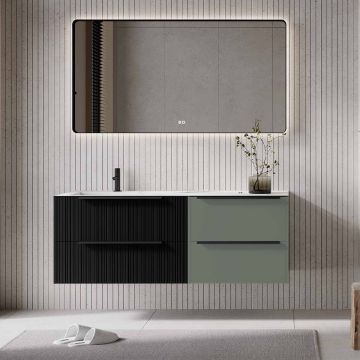 Set mobilier baie suspendat negru mat cu verde salvie mat, lavoar imitație marmura alba și oglindă, cu riflaje Plissetatto, 140 cm, SaviniDue Iconica