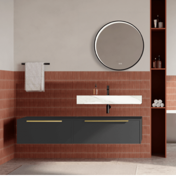 Set mobilier baie suspendat negru mat, lavoar alb si oglinda rotunda, manere aurii, 140 cm, SaviniDue Iconica