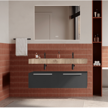 Set mobilier baie suspendat negru mat, lavoar imitatie lemn si oglinda, manere albe, 120 cm, SaviniDue Iconic