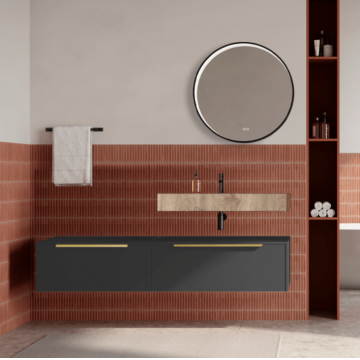 Set mobilier baie suspendat negru mat, lavoar imitatie lemn si oglinda rotunda, manere aurii, 140 cm, SaviniDue Iconica